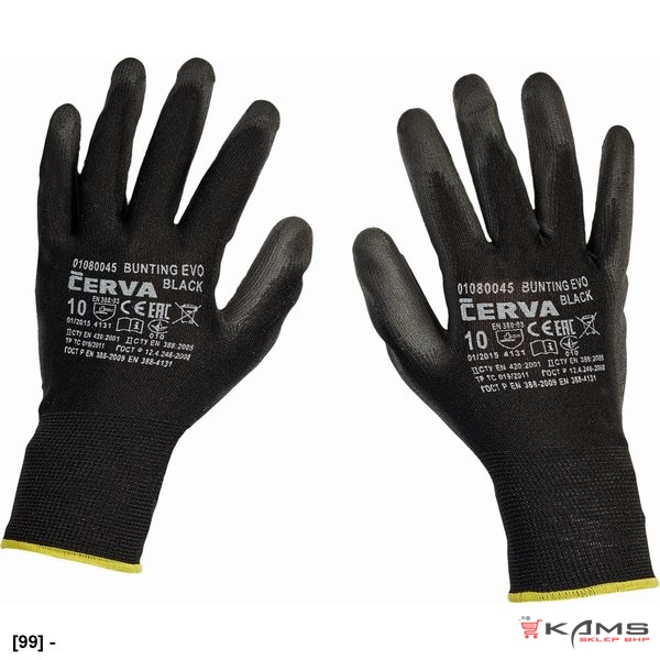 BUNTING BLACK EVOLUTION - Rękawice dziane, bezszwowe, poliestrowe, cienka warstwa poliuretanu w części chwytnej - 6, 7, 8, 9, 10, 11.