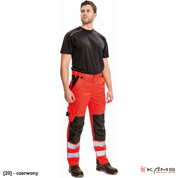 KNOXFIELD HI-VIS SPODNIE - czerwone spodnie do pasa dla ratowników medycznych, dół nogawek taśmy HI-VIS - 46-64.