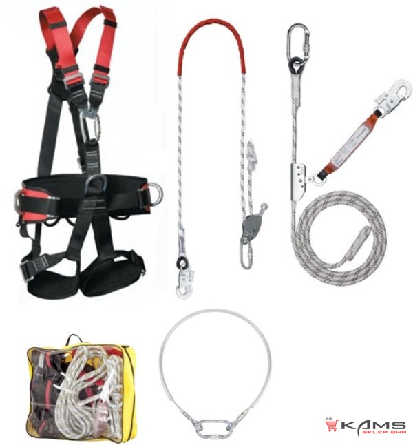 ROOFER PRO ZESTAW SZELKI BEZP. P 70, ZACZEP LINOWY 2X AZ 410 + 2X AZ 011, URZĄDZENIE DO NADAWANIA POZYCJI PRZY PRACY PROT 2, LINOSTOP II Z LINĄ ROBOCZĄ + AZ 011, WOREK TRANSPORTOWY