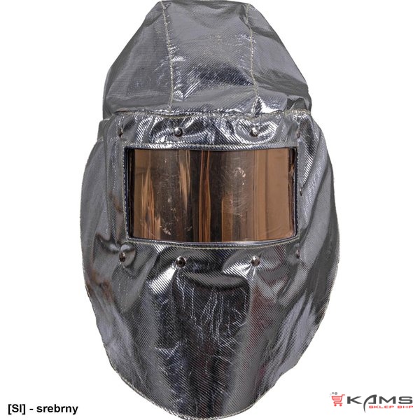 TLHR-OGT-1 - osłona głowy zakładana na kask ochronny, tkanina szklana metalizowana, tkanina bawełniana jako podszewka.
