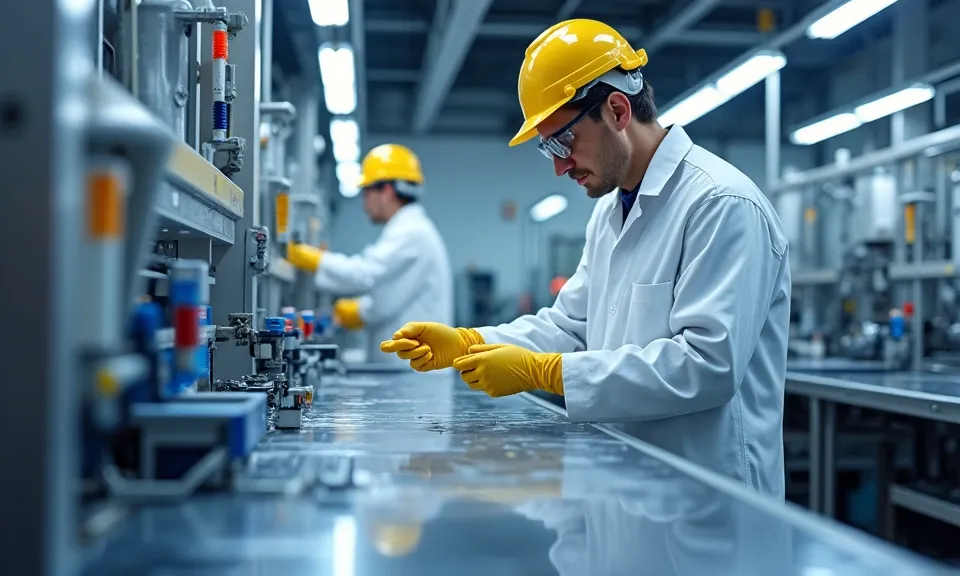 lateks, BHP, odzież ochronna, rękawice ochronne, bezpieczeństwo, produkcyjna hala, chemikalia, elastyczność, wodoodporność, o