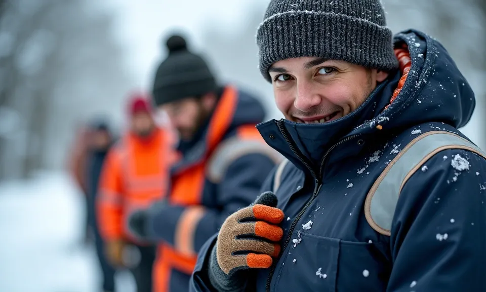 odzież robocza, zima, bezpieczeństwo, ciepłe ubrania, kurtka robocza, rękawice, czapka, ochrona termiczna, praca na zewnątrz,